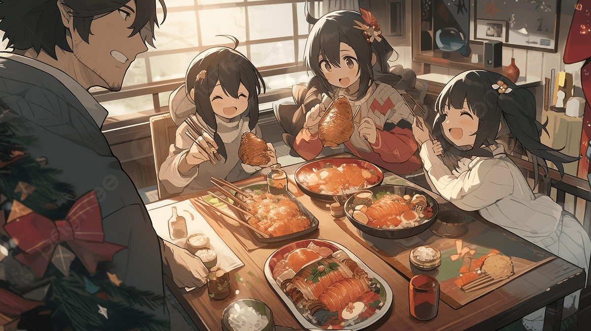 Anime family enjoying homemade food together